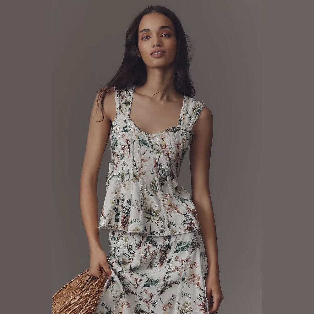 NEW Anthropologie Size L Swirled Seamed Tank - Peplum Tank - Green Pattern